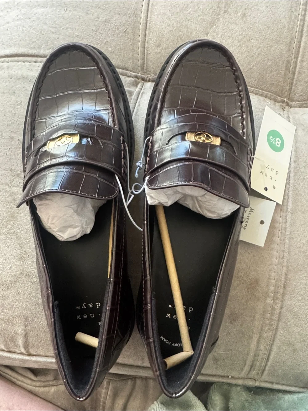 a new day Croc-Embossed Penny Loafers in Dark Brown with Gold Accent